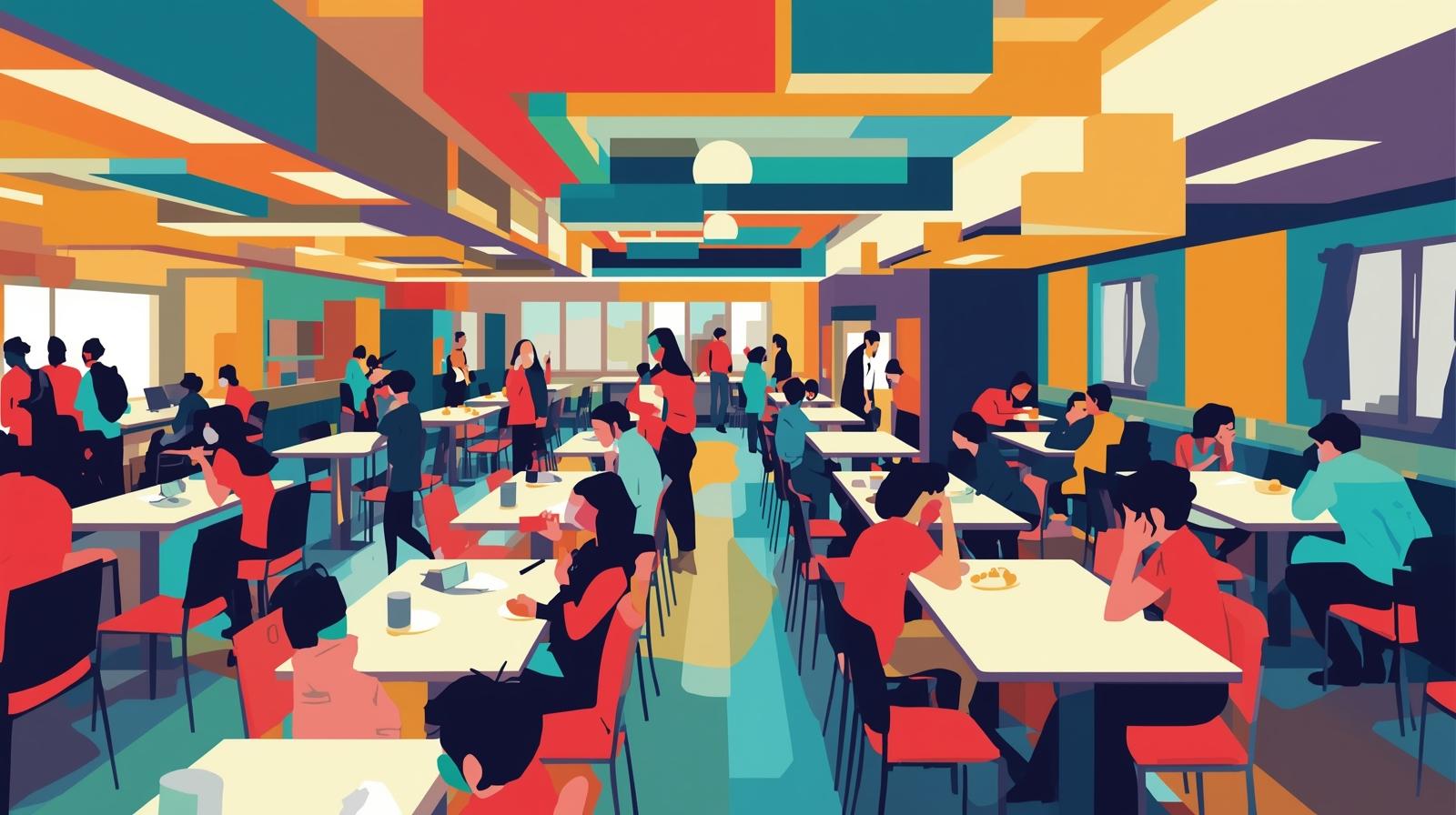 générez une image pr représenter une cafeteria dans un etablissement scolaire; l'image doit etre abstraite